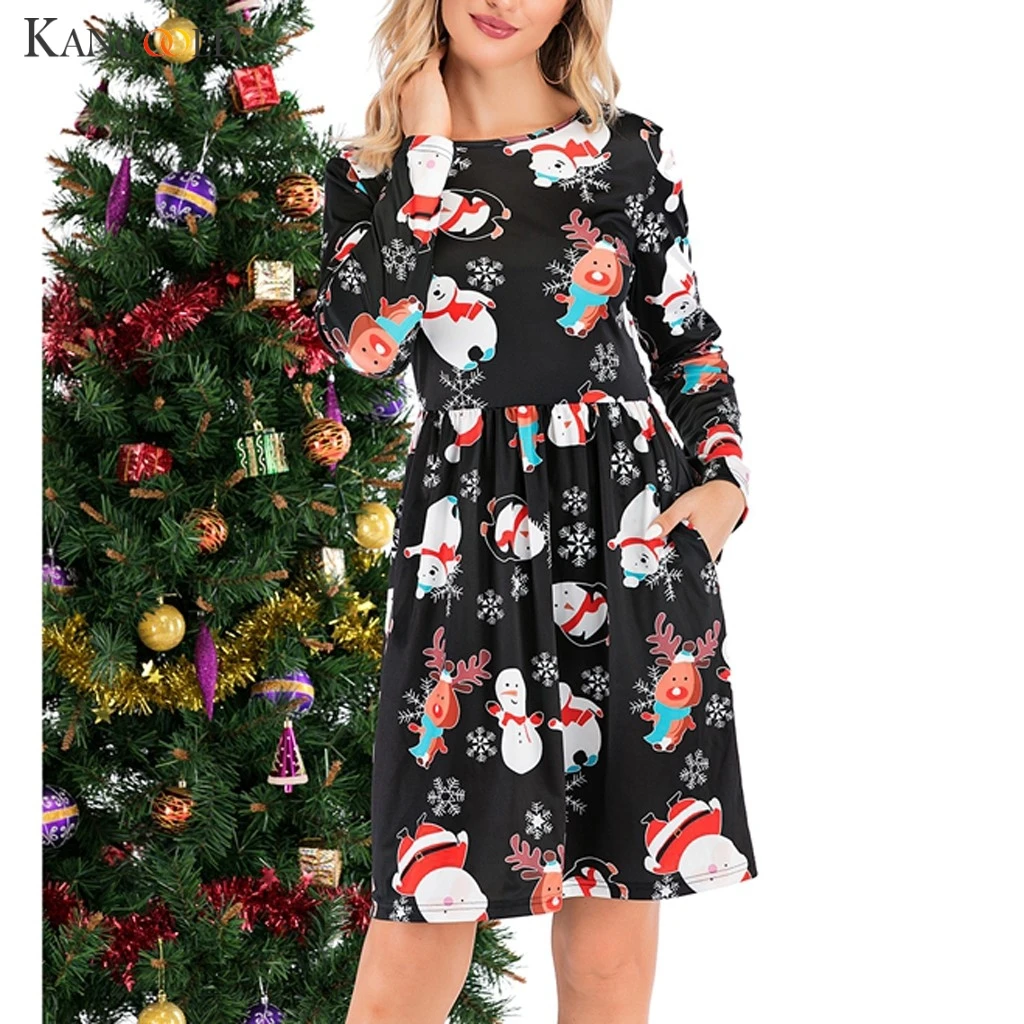 

KANCOOLD Autumn Winter Christmas Dress New Year Festival Family Party Dress Women Snowflake Print Long Sleeve Vestidos Plus Size