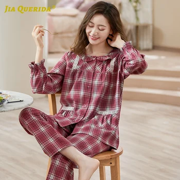

New Button Long Sleeve Long Pants Sleepwear Fashion Style Casual Style 100% Cotton Plaid Printing Woman Clothes Front Pocket