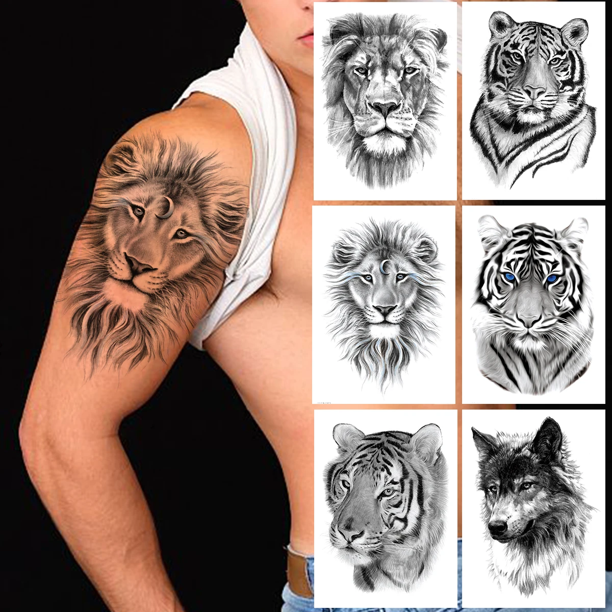 

Realistic Fake Lion Tiger Temporary Tattoos For Men Women Adult Animal Black Wolf Tattoo Sticker Disposable Tatoo Water Transfer