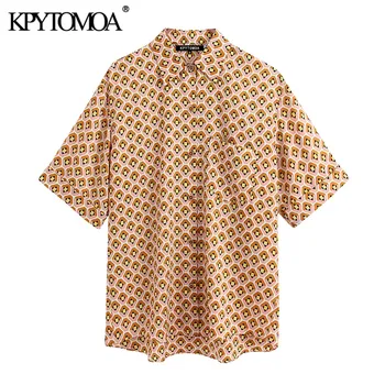 

KPYTOMOA Women 2020 Fashion Geometric Print Pocket Blouses Vintage Lapel Collar Short Sleeve Female Shirts Blusas Chic Tops