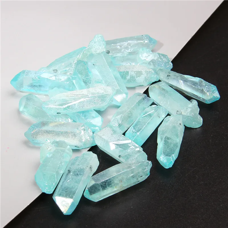 

10pcs Blue Polished Quartz Crystal Stick Top Drilled Point Pendant Beads Raw Crystal Gem Stone Stick Loose Beads for DIY Jewelry