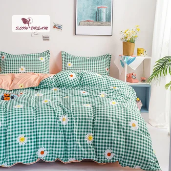 

SlowDream Bedding Set Flowers Fashion Green Quilt Cover Double Flat Sheet Bed Linen Set Adult Bedspread Home Decor Adult Bedroom