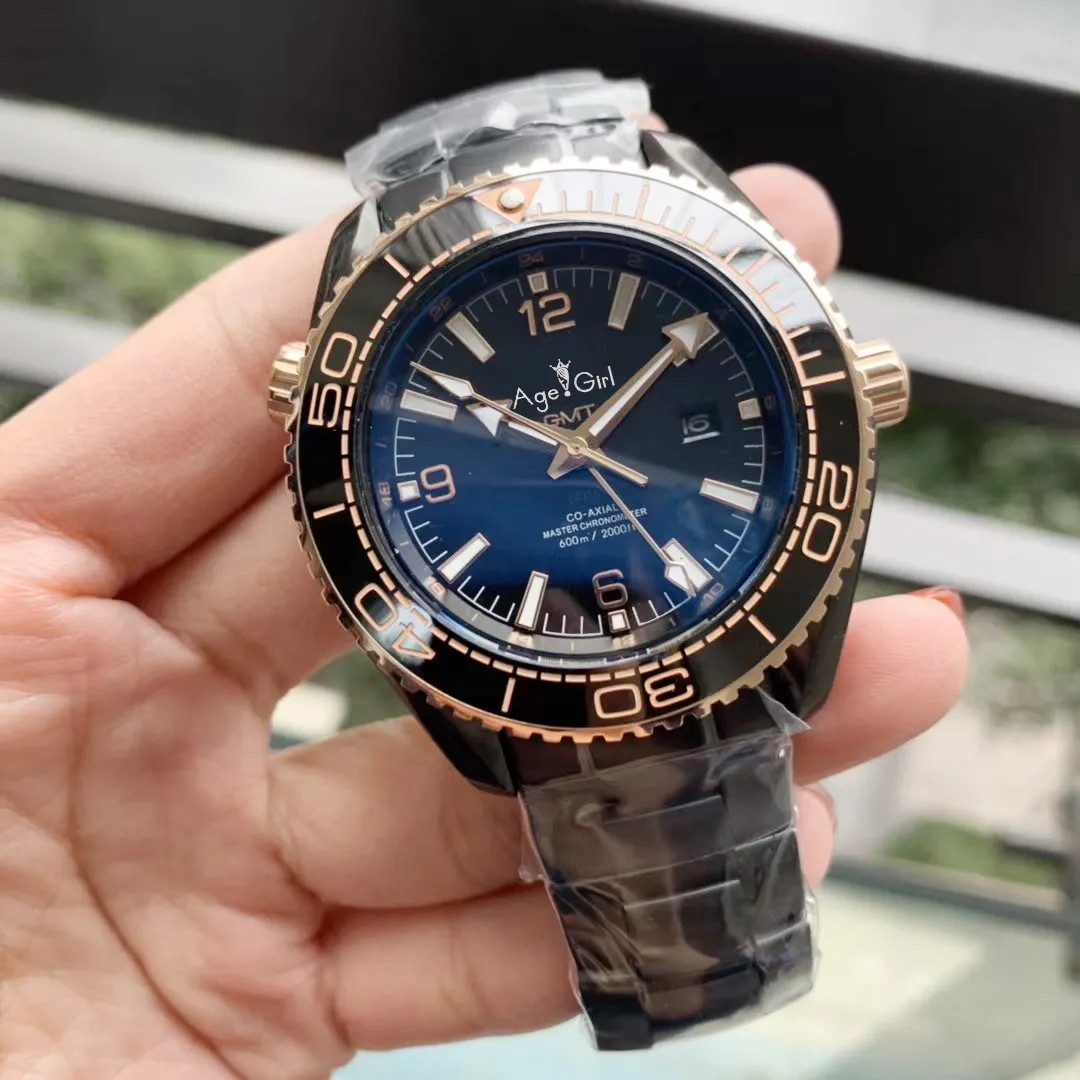 

Luxury Brand New Men Automatic Mechanical Watch Independent GMT 007 Luminous Ceramic Bezel Sapphire Sport Black Rose Gold AAA+