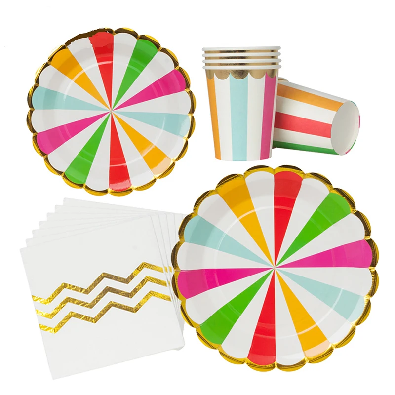 

80pcs Gold Foil Rainbow Disposable Tableware Set Christmas New Year Party Paper Plates Cups Napkin Birthday Party Supplies