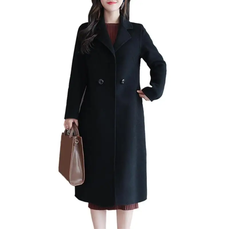 Женские осенние зимние лацкан шерстяного пальто длинные свободные твердые Верхняя одежда Пальто - Цвет: Черный
