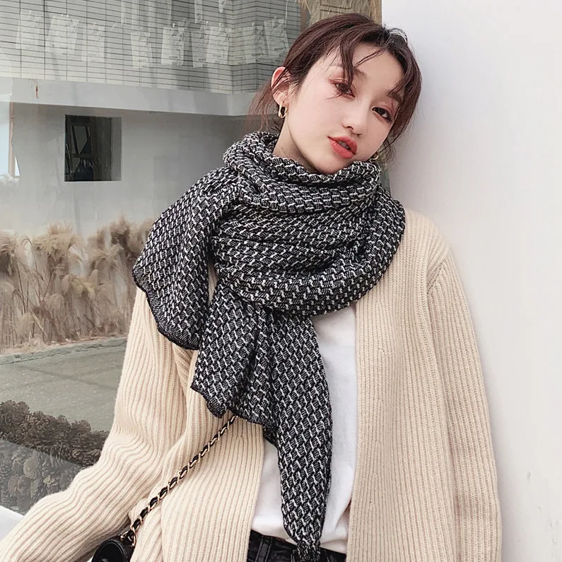 

2019 New Korean houndstooth lattice student tide warm scarf ladies long thick scarf scarves shawls and wraps wool scarf