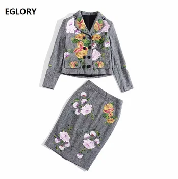 

High Quality Blazer Sets 2019 Autumn Jacket Suit Women Floral Embroidery Coat Blazer+Knee Length Pencil Skirt Set Suit Work Wear