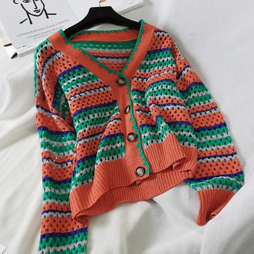 orange green Neploe Контрастный ЦВЕТНОЙ крючок, цветочный вязаный кардиган, длинный рукав, v-образный вырез, полый свитер, пальто, однобортный Трикотаж 54169 - Цвет: orange green