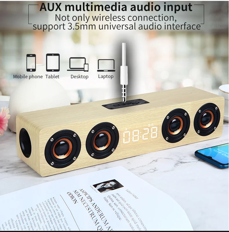 اسپیکر چوبی ساعت آلارم وایرلس رادیو پرتیبل سابوفر ۳۰۰۰ میلی آمپر Wooden Subwoofer Soundbar Portable 33 H756f315fc7d54d0b8294ad85740fc2f1m