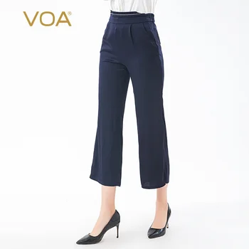 

VOA deep blue silk natural elastic waist metal zipper xiecha pocket sense of design capri straight-leg pants KJ65