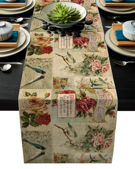 

Brown Bird Red Rose Flower Retro Modern Table Runners Cloth Holidays Party Wedding Decoration Table Runner Dining Table Cover