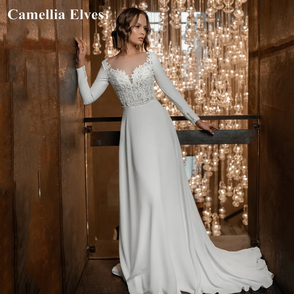 『Cheap!!!』- Elegant Long Sleeve Wedding Dresses 2022 A Line Lace
Appliques Bride Gowns Scoop Neck Button Backless Bridal Robe De Mariée