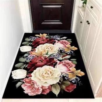 

Europe Big Flower Black Carpet Classical For Living Room Hallway Carpet Entrance Door Long Rugs Kitchen Bathroom Mat