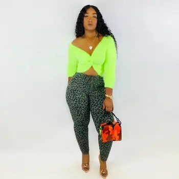 

Neon Causal Plus Size Two Piece Set Women Off Shoulder Backless Crop Tops And Leopard Pencil Pants Matching Sets