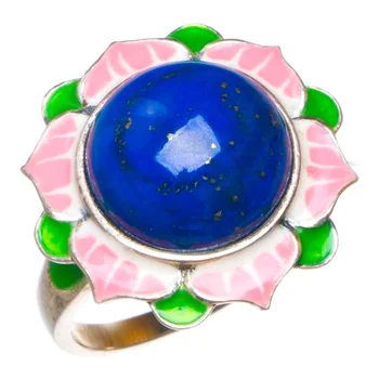 

Natural Cloisonne And Lapis Lazuli Lotus Handmade 925 Sterling Silver Ring 7.25 D1190
