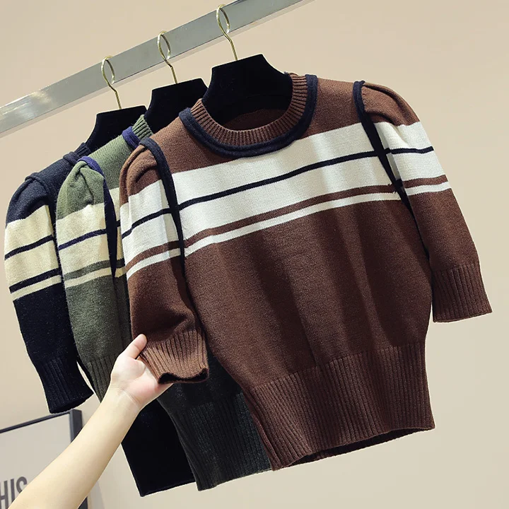 Новинка в Корейском стиле colorblock(цветовой блок), прошитая, с короткими рукавами шорты Модный вязаный свитер для женщин