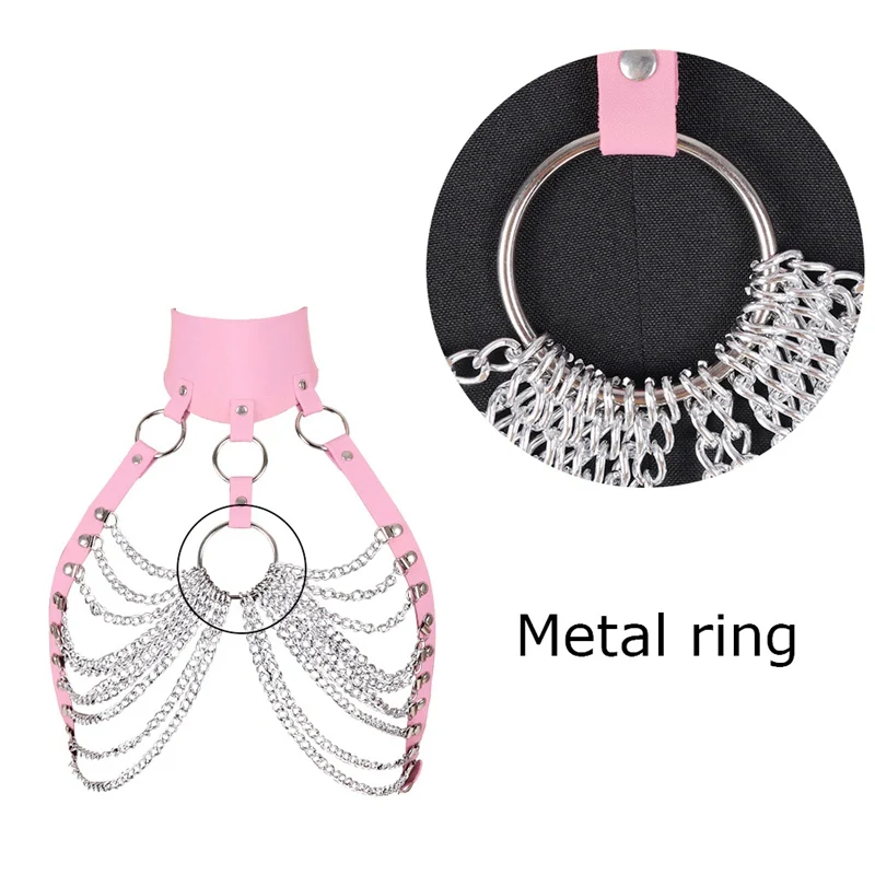 Punk Gothic Pink Leather Harness Cage Bra Sexy Lingerie Fetish Tassel Metal Chain Body Bondage Crop Tops Adjust Harness Bra