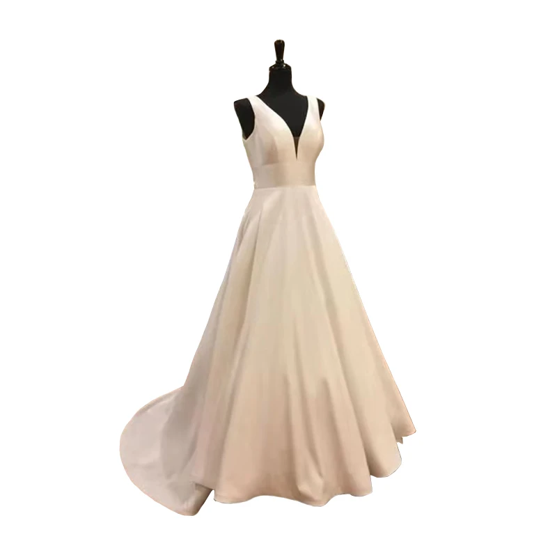 

White V-neck Wedding Dress Corset Back Sweep Train Floor Length A-line Satin Formal Dress Gown Vestido De Noiva Robe De Mariee