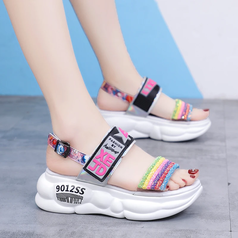 

Women Sandals Bright Colored Thick Bottom Casual Summer Pink Rainbow Strip Chunky Platform Sandals INS Style Wedges Shoes Ladies
