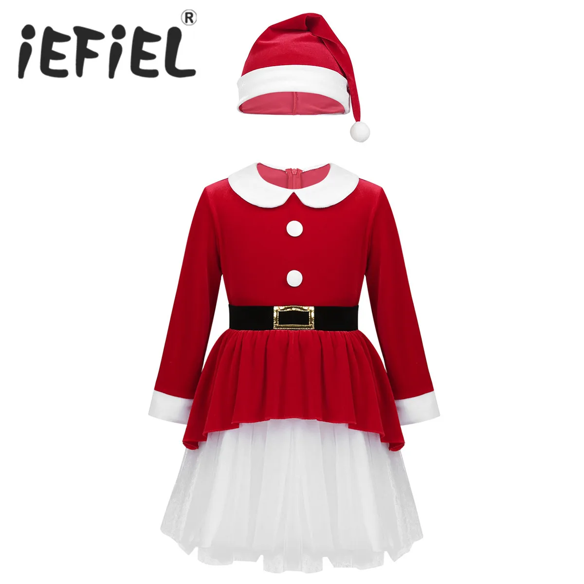 

Children Christmas Red Dresses Soft Velvet Decorative Belt Mesh Dress with Hat Set for Xmas Fancy Party Holiday Halloween Dress