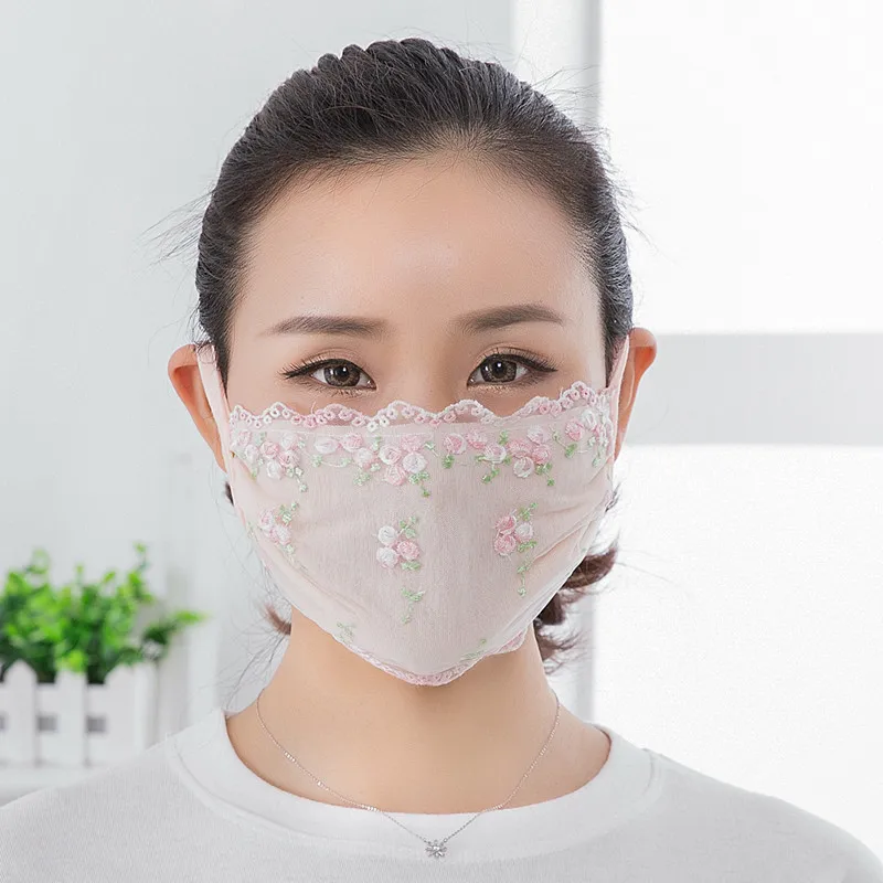 Женская Солнцезащитная маска с цветочным принтом, имитация шелка, PM 2,5, дышащая вышивка, хлопковая подкладка, кружевная маскарадная кружевная маска