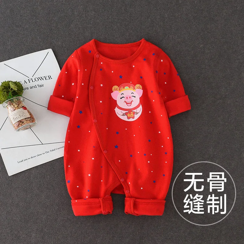 

BABY'S FIRST Month Baby Onesie Spring And Autumn Baby Pig Romper 0-3 Month Princess Crawling Clothes Red Western Style 6 CHILDRE