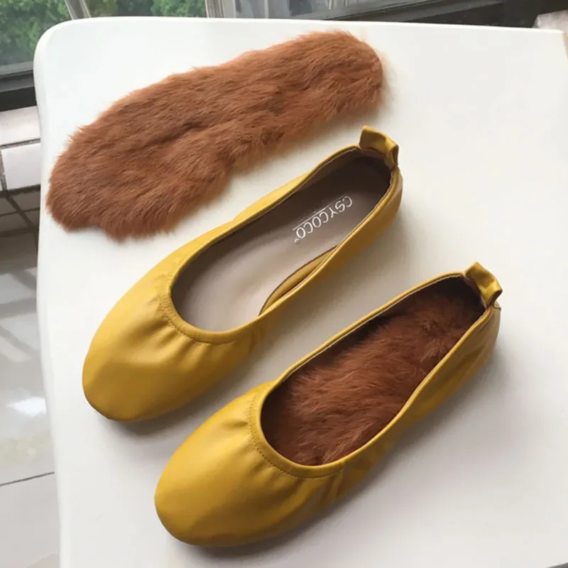 

Two Style Ballet Flats Women Winter Plush Grandam Shoes for Women Loafers Soft Bottom Moccasins Rabbit Fur Ballerina Femme 2020