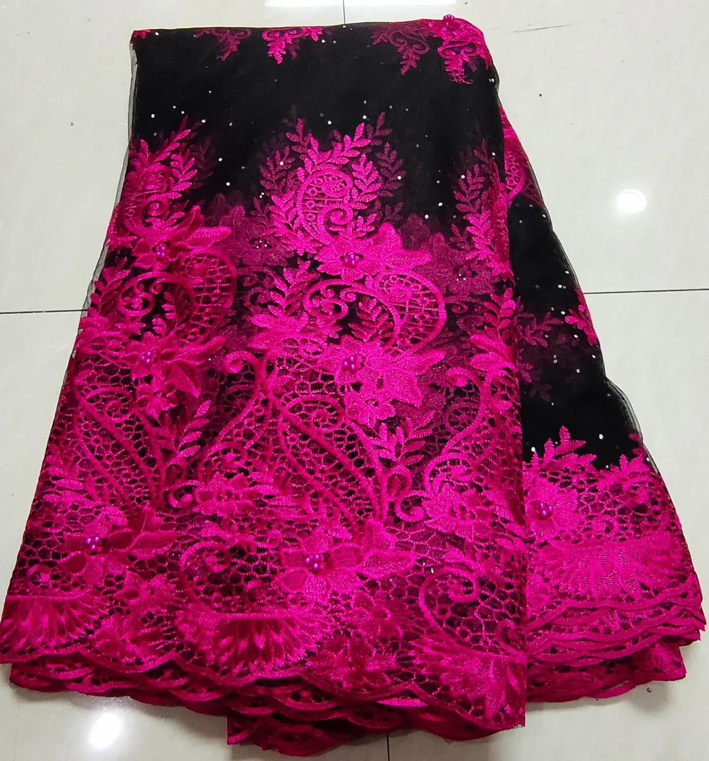 Африканская кружевная ткань вышитая кружевная ткань в нигерийском стиле Высококачественная французская Тюлевая кружевная ткань для женщин 5 ярдов - Цвет: Розовый красный