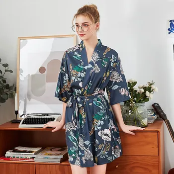 

Fashion Vintage Flower Printed Bathrobe Women Three Quarter Sleeve Belt Summer Night Gown Robe Underwear Nightdress Sleepwear