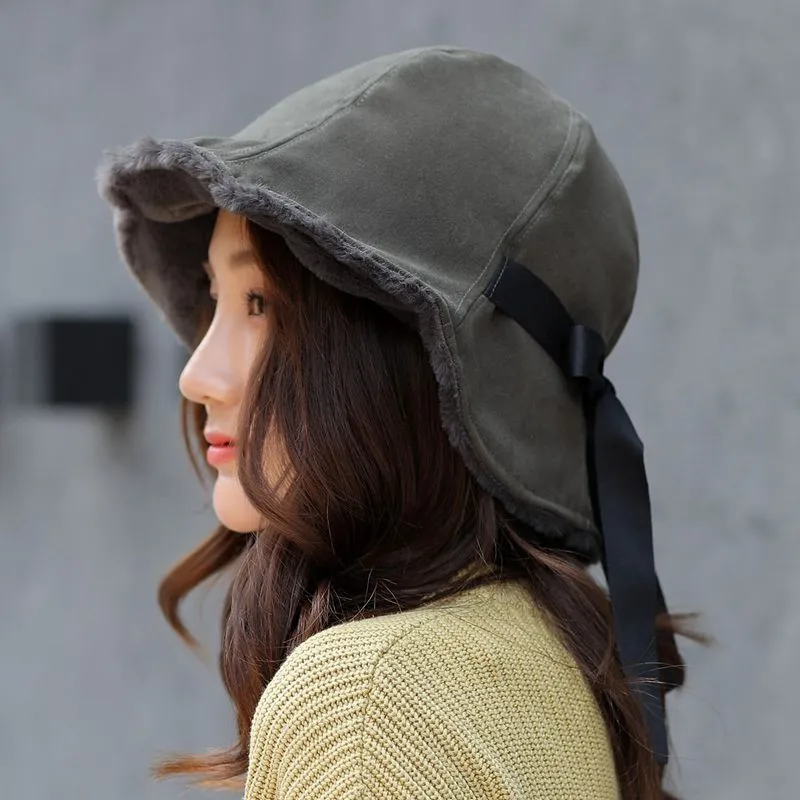 Женская флисовая шляпа-ведро Милая Панама зимняя K Pop Корейская уличная одежда шляпа с круглым бантом элегантная однотонная шерстяная шляпа для рыбалки