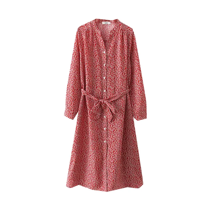 

Long Skirts Dress Women's 2019 Summer Korean Style CHIC Waist Hugging over-the-Knee Chiffon Skirt of Belt Floral-Print Shirt Dre