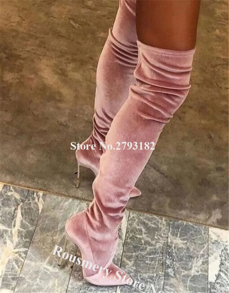 Для женщин сексуальный острый носок розовый бархатистый материал; Сапоги выше колена; металлические сапоги на шпильке Тонкий Длинные, с высоким каблуком сапоги Представительская обувь на высоком каблуке