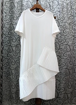 

2020 Spring and Summer New Women's round Neck Solid Color Decorative Irregular Hem Pleated Stitching Short-Sleeve Dress 638