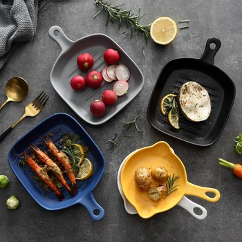 

Nordic Colorful Ceramic Storage Tray Square Cheese Baked Rice Plate Baking Dish With Handle Baking Plate Western Steak TrayLA632