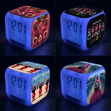 Réveil LED coloré, jeu de calmar, cadeau de noël, veilleuse d'étudiant, carré, muet, horloge de chevet