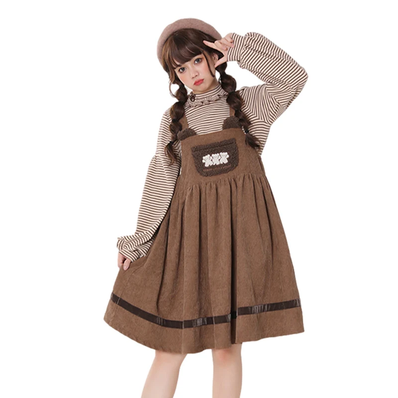 

Vintage Kawaii Cartoon Suspender Dress Teen Girls Lolita Cute Corduroy Brown Overalls Women Sleeveless Casual Party Strap Dress