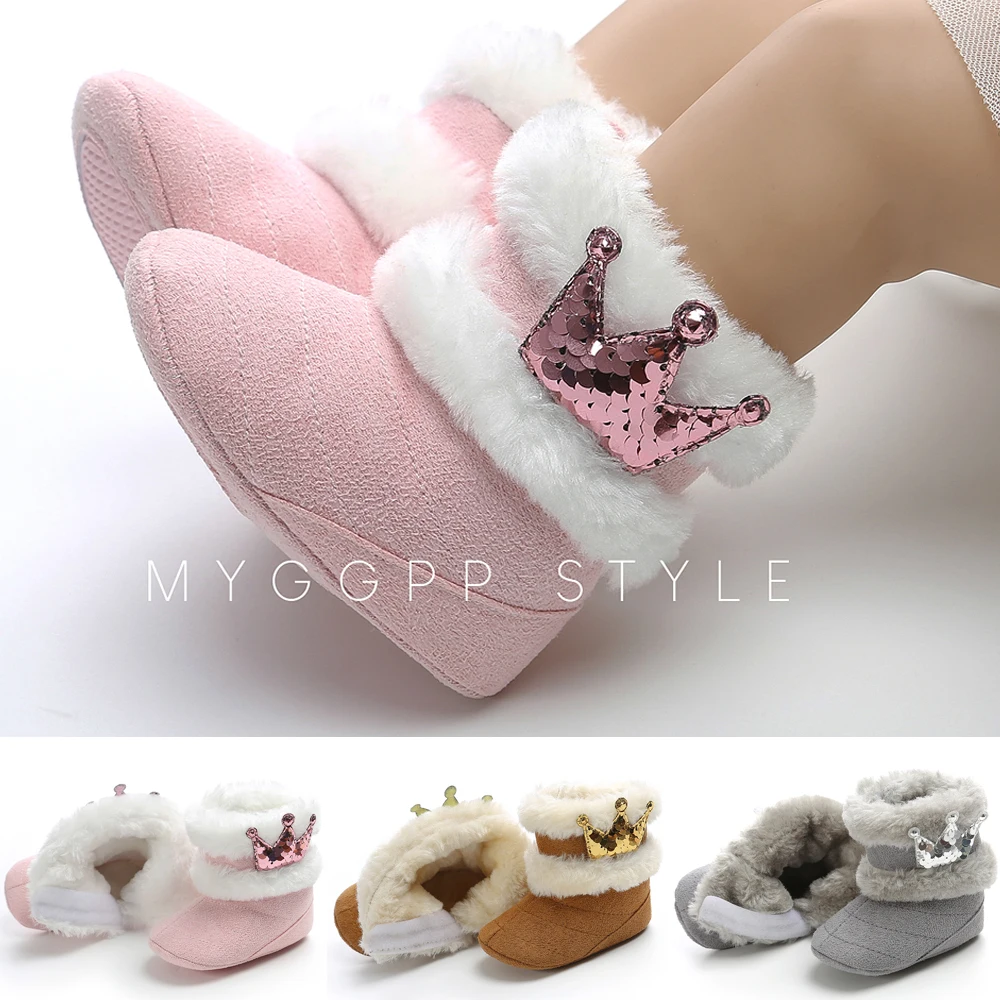 pudocco Baby Winter Boots Infant Toddler Newborn Cute Cartoon Crown Shoes Girls Boys First Walkers Super Keep Warm Fur Boot