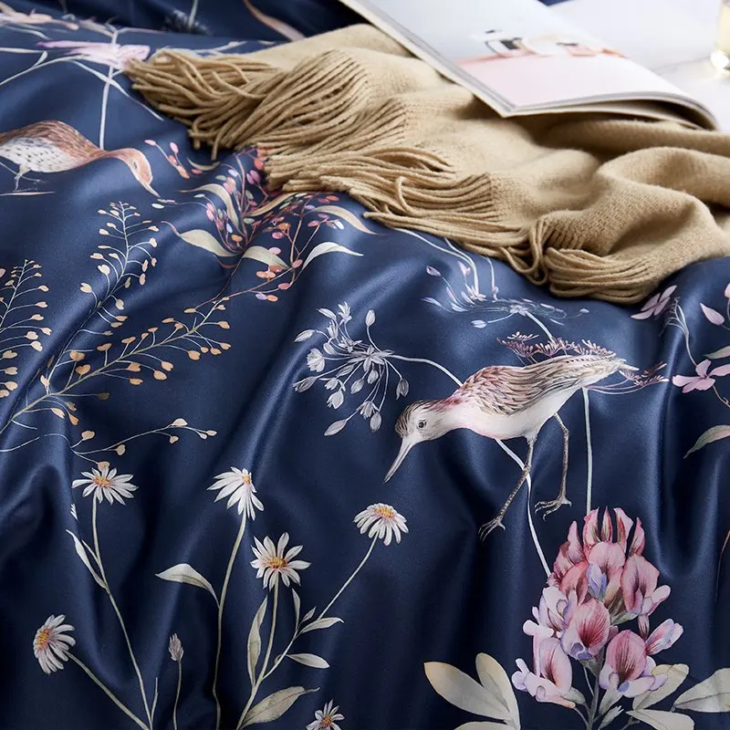 Blue queen size Egyptian cotton bedding set Satin floral print bedclothes pastoral home texitle bed linen