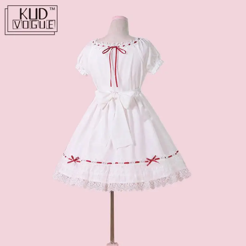 Kawaii/платье в стиле Лолиты; милое японское модное белое кружевное платье для девочек с красной лентой; большой бант с высокой талией и коротким рукавом; женский костюм