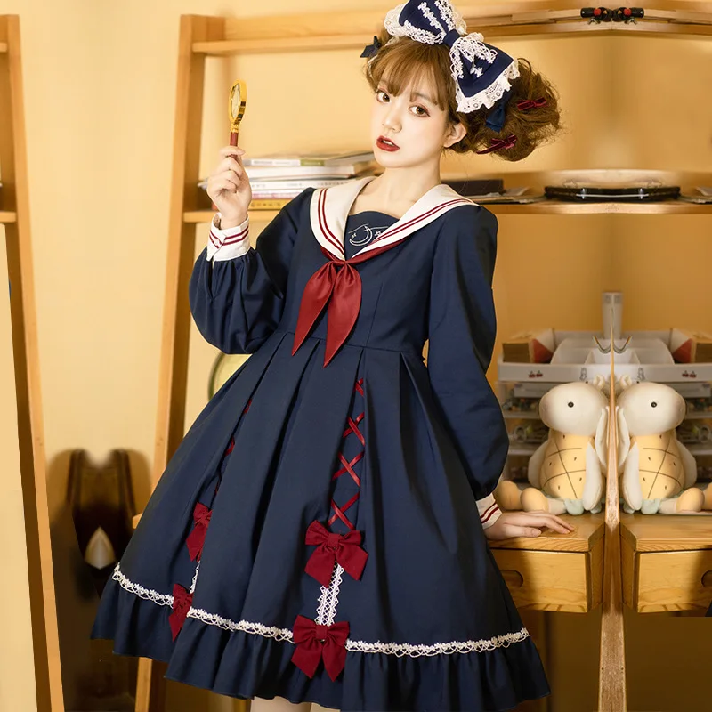 2022 Spring New Planet Fall Navy Collar Sailor Suit Jk Uniform Sweet Op  Lolita Dress College Style Bow Kawaii Clothing
