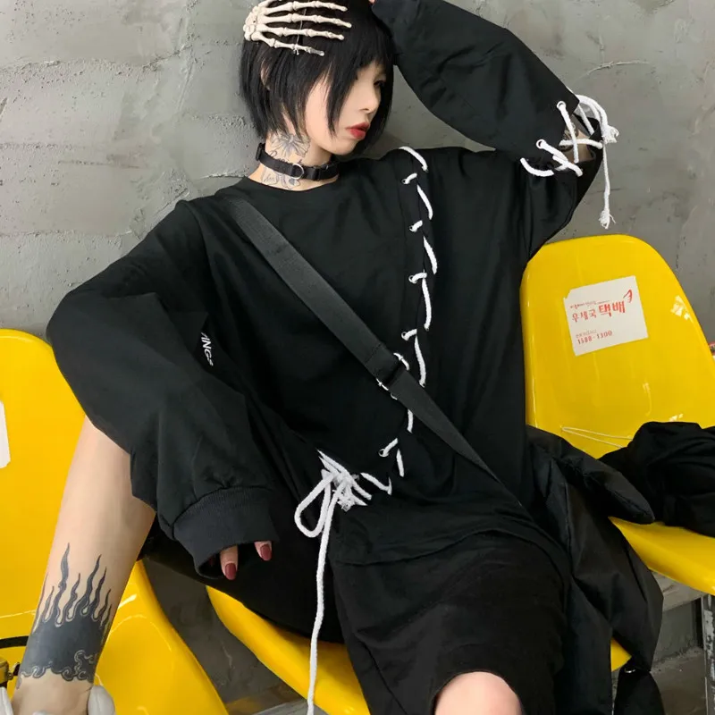 Neploe Harajuku Хип Хоп Уличная футболка оверсайз Топы для женщин пара шнуровка повязки Футболки Длинный рукав Лоскутная футболка