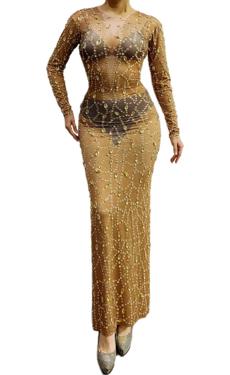 Блестящее длинное платье с золотым принтом большие Стрейчевые Платья Стразы из