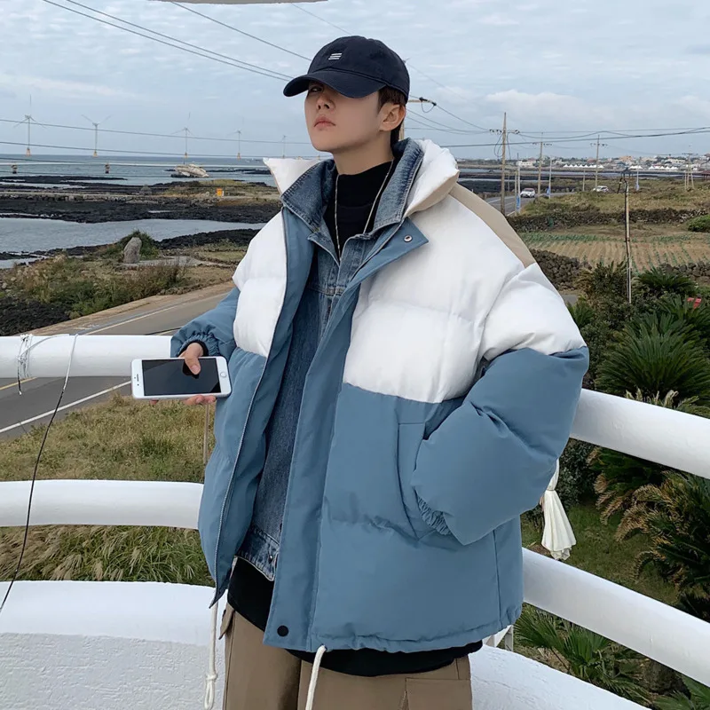 

Winter Jacket Men's Parka Warm Fashion Denim Casual Stand Collar Short Coat Men Streetwear Cotton Thicken Jacket Mens Clothes