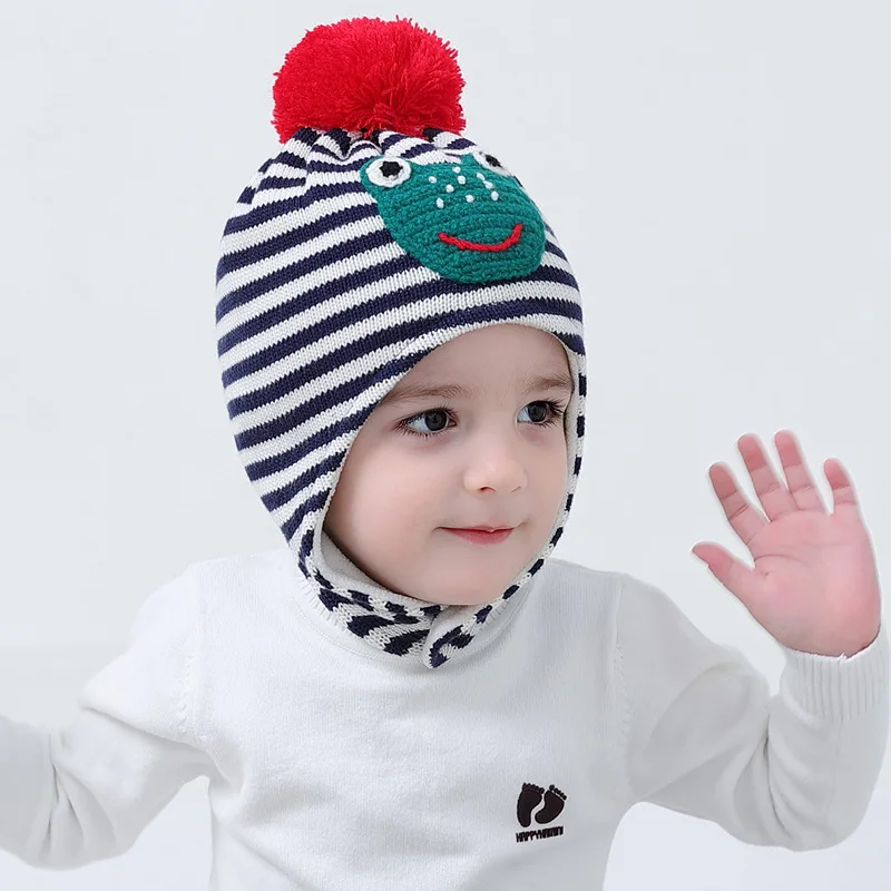 

Autumn Winter Frog Todderl Baby Hat Warm Ear Protection Knitted Hat Striped Cotton