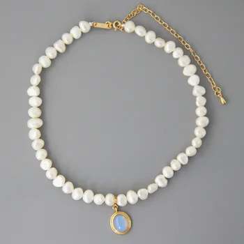 

Dillard Round Moonstone Pearl Necklace Korea 925 Sterling Silver Natural Baroque Irregular Pearl Necklace
