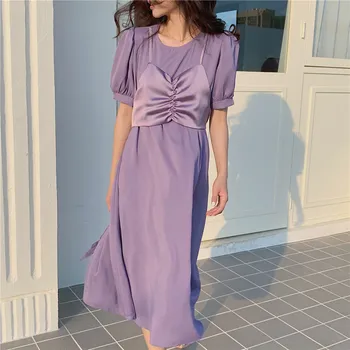 

South Korea Chic round Neck Wrinkles Splicing Mock Two-Piece Strap Waist Platycodon Grandiflorum Puff Sleeve Dress Women