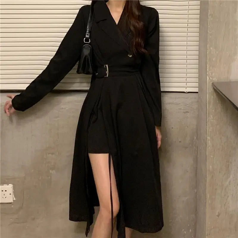 Women Long Sleeve Dress Notched High Waist Sashes Side-slit A-line Design New Mid-calf Solid Korean Style Chic Ulzzang Ins Femme monsoon dresses