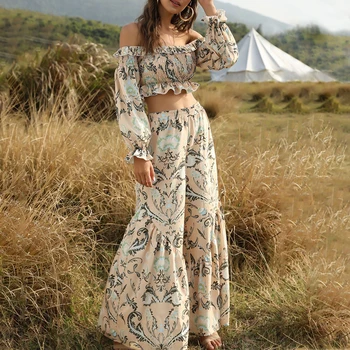 

Ruffles Bohemia Long Floral Print Two Piece Suit Jumpsuits Rompers Women Off Shoulder Crop Wide Leg Pleated Casual Elegant Pants