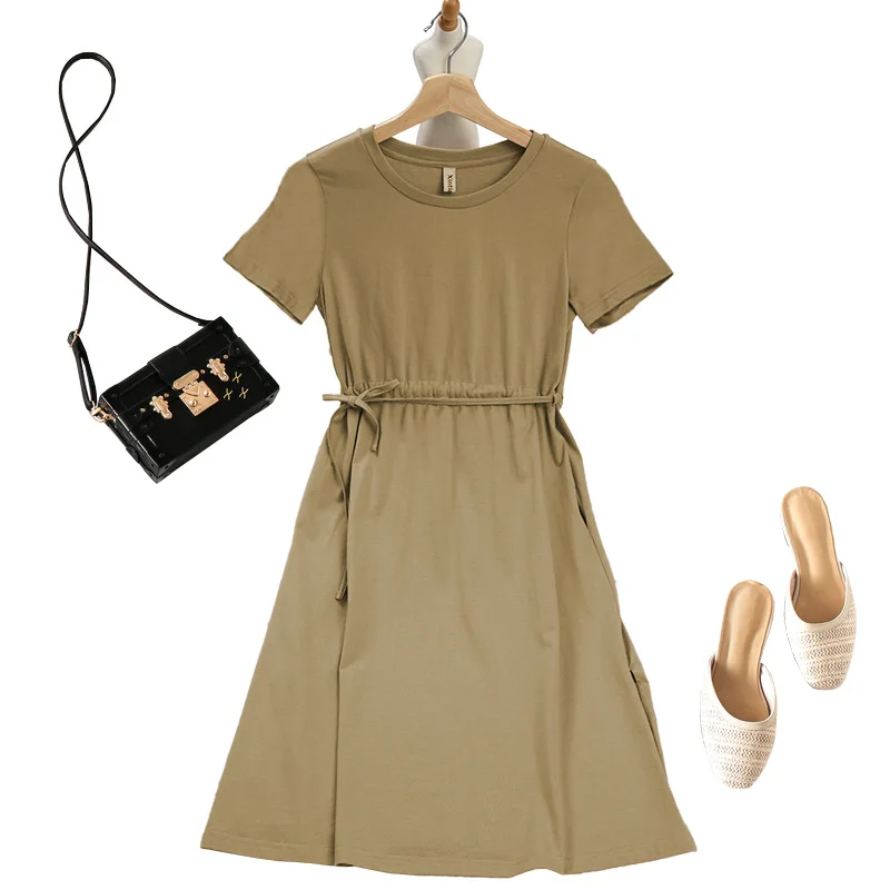 

100% cotton elegant slim women summer dress casual knitted short sleeve drawstring A-line girl dresses vestido M30317