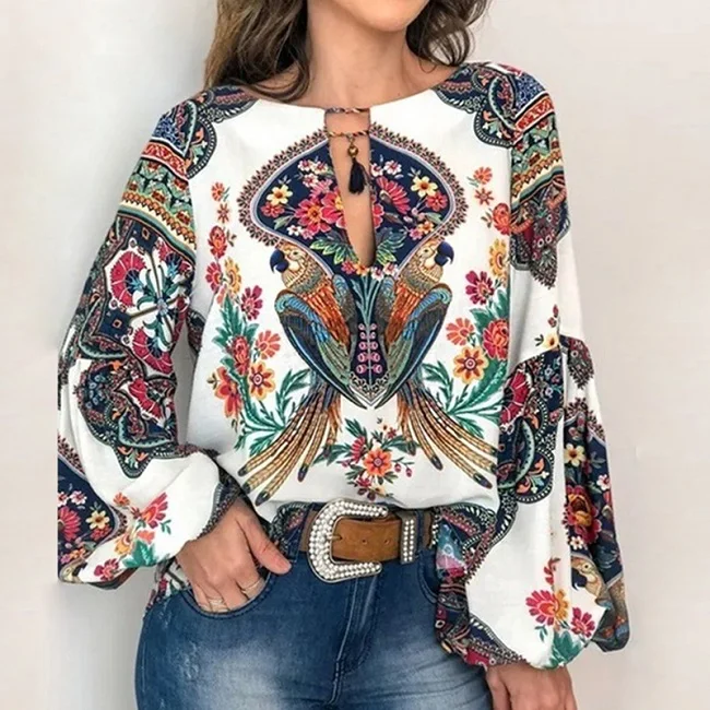 02 White 5XL Женская блузка на шнуровке с принтом в стиле бохо, элегантная винтажная блуза-фонарик с длинным рукавом, рубашка, шикарная весенне-летняя блуза на пуговицах с v-образным вырезом - Цвет: 02 White